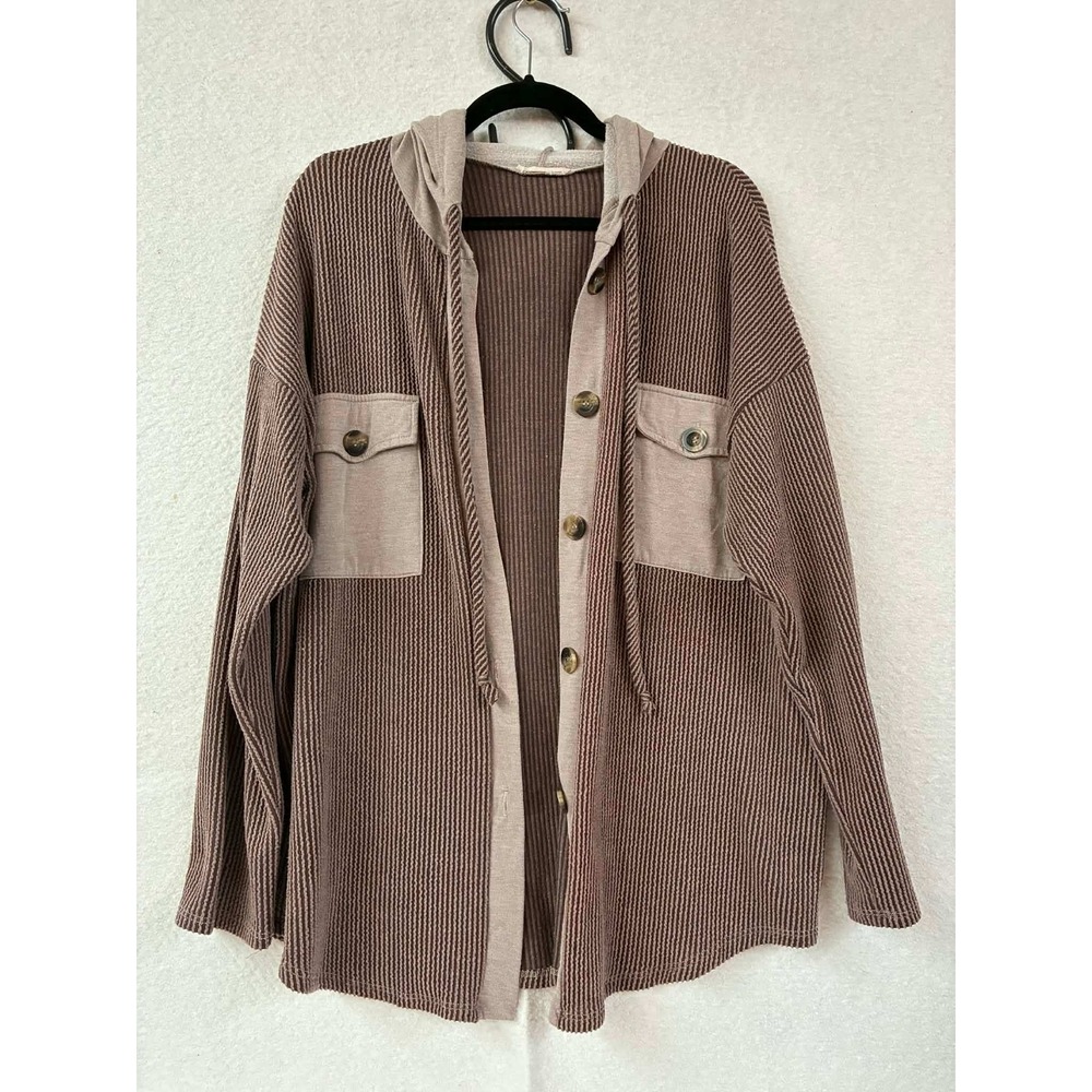 Womens XL Brown Ribbed Knit Hooded Shacket Button Front Thermal Shirt XL